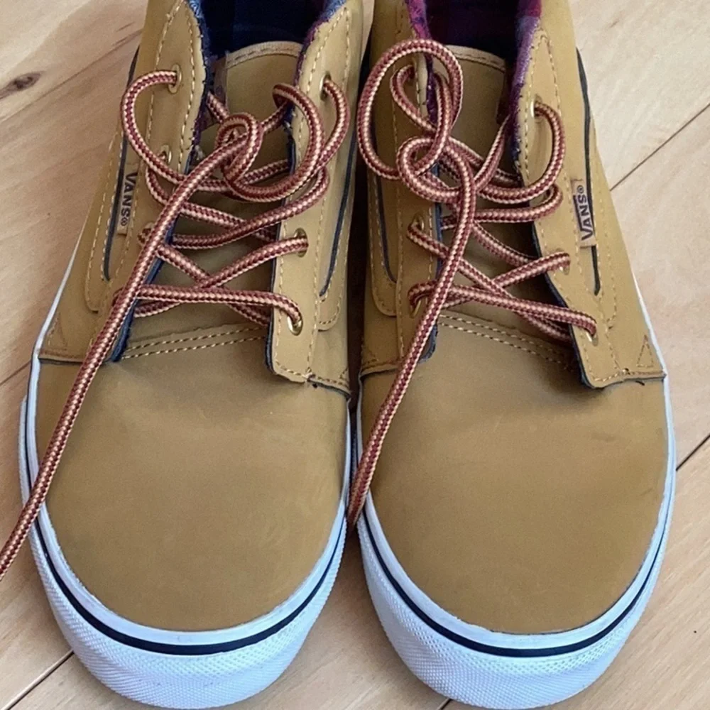 Vans youth mustard yellow with red plaid interior shoes. Size 4.5